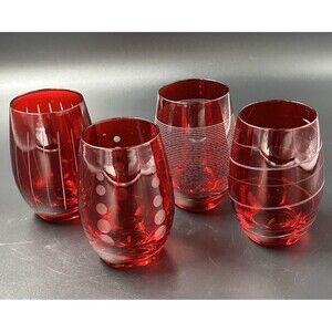 Mikasa Cheers Ruby Stemless Etched Wine Glasses 15.75 oz 4 Glass Designs